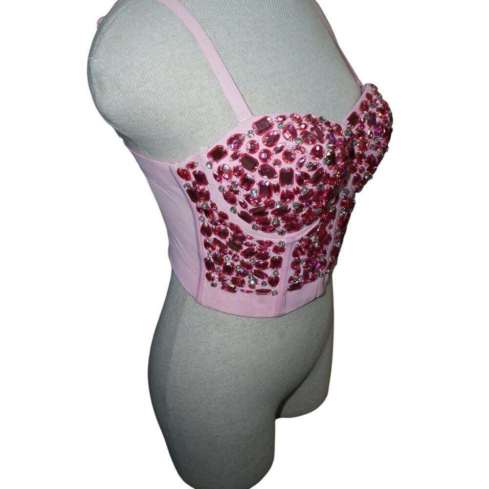 Y2K Pink Rhinestone Corset Bustier Top | Festival Coachella Clubwear S - Picture 8 of 10